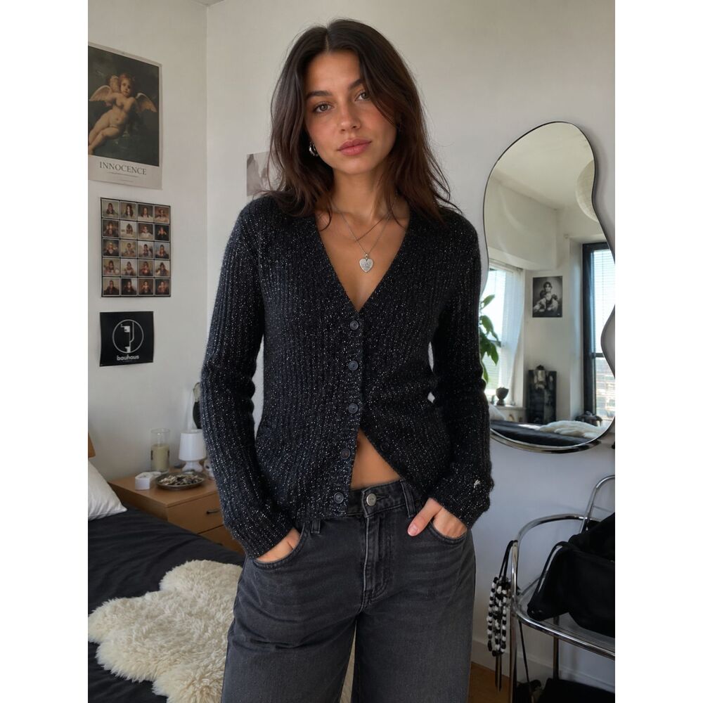 Bella Freud Black Metallic Lurex Knit Cardigan Sweater Top   Women's Size Medium